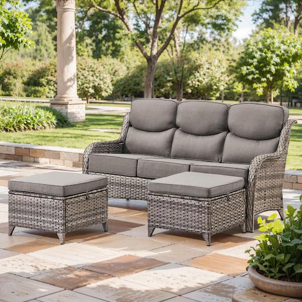 NovaSwivel Gray 3-Piece Wicker Outdoor Couch Patio Sectional Sofa with 6 in. Thick Gray Cushions and Ottomans