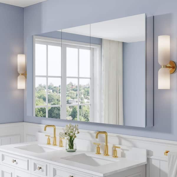 ROSA 64 in. W x 36 in. H Surface/Recessed Mount Rectangular Tri-View Aluminum Medicine Cabinet with Mirror, Combo Set