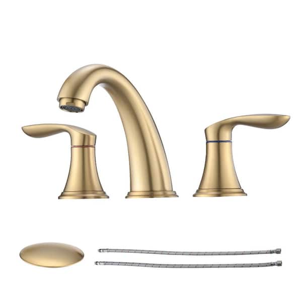 YASINU 8 in. Widespread Double Handle 3 Holes Bathroom Faucet Combo Kit with Pop up Drain Assembly in Brushed Gold