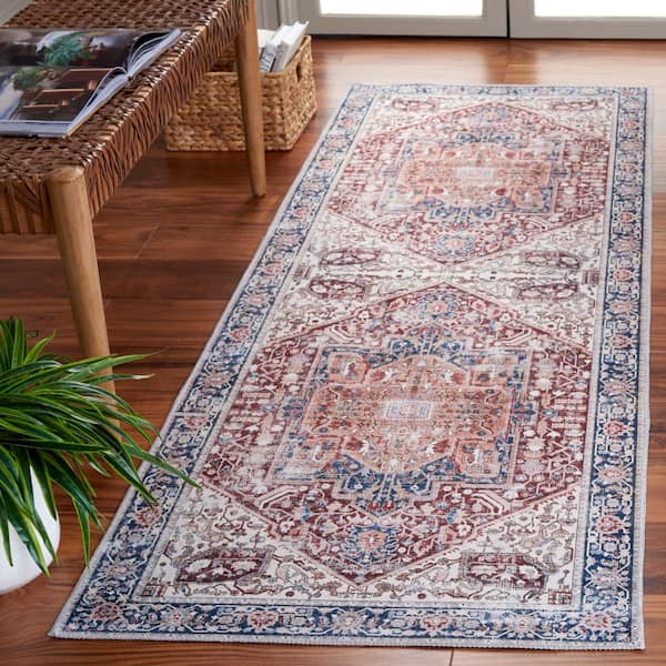 Arizona Red/Navy 3 ft. x 8 ft. Machine Washable Traditional Border Runner Rug