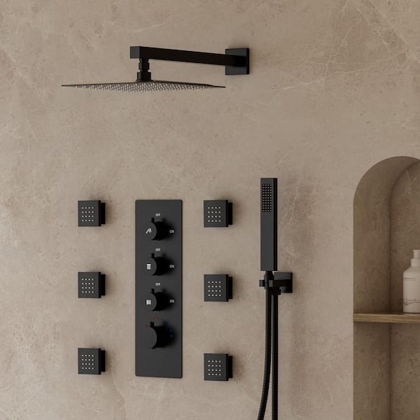 YAWWALK 7-Spray Patterns Shower Faucet Set 12 in. Wall Mount Dual Shower Heads with 6-Jets in Matte Black