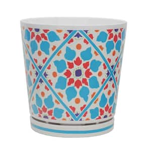 8.75 in. L x 8.75 in. W x 9 in. H Turquoise Floral Geometric Design Melamine Pot with In-Line Saucer