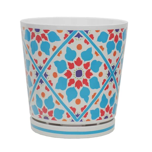 MPG 8.75 in. L x 8.75 in. W x 9 in. H Turquoise Floral Geometric Design Melamine Pot with In-Line Saucer