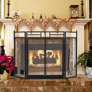 Black Wrought Iron 3-Panel Fireplace Screen with Doors and 4-Pieces Tools Set