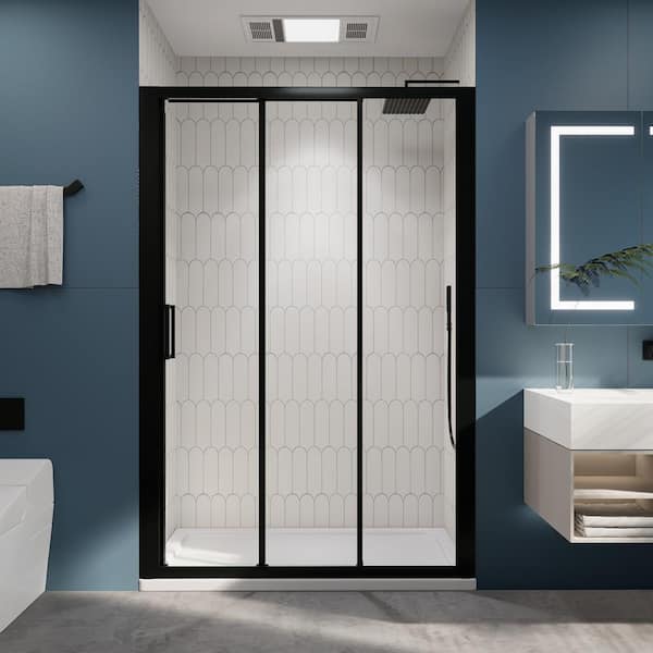 JimsMaison 54 in. W x 70 in. H 3-Panel Sliding Semi Frameless Shower Door in Matte Black Finish with Clear Glass