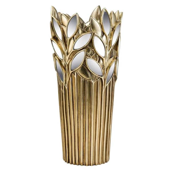 ORE International 15 in. Gold Finish Gaia Decorative Vase with Glass Leaf