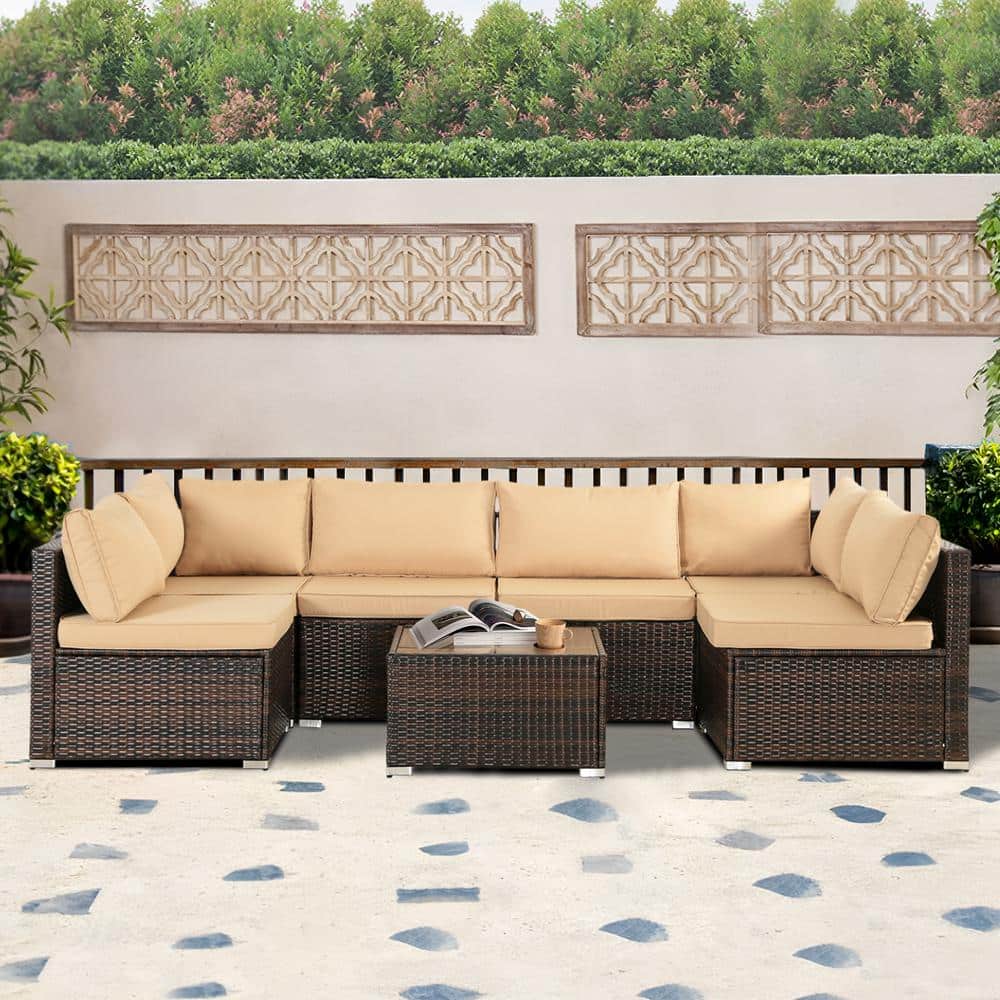 7-Piece Wicker Outdoor Sofa Sectional Set with Washable Khaki Cushions