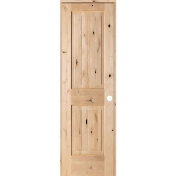 Krosswood Doors 24 in. x 80 in. Knotty Alder 2 Panel Square Top V-Groove Solid Wood Left-Hand Single Prehung Interior Door
