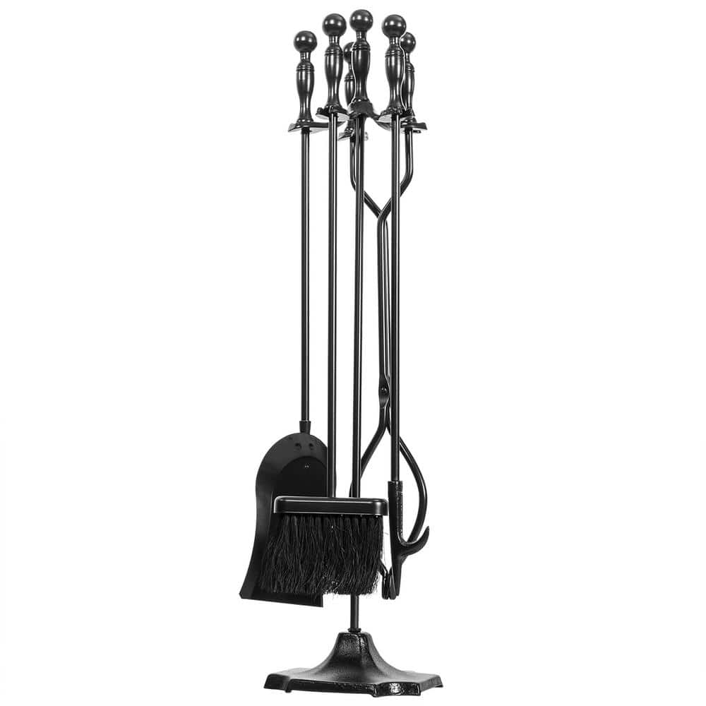 Black Wrought Iron 5-Piece Fireplace Tool Set with Stand