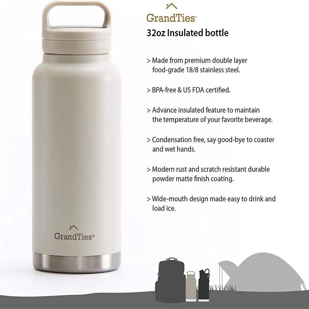 Ivory White 32 oz Double Wall Insulated Stainless Steel Water Bottle with Two Lids
