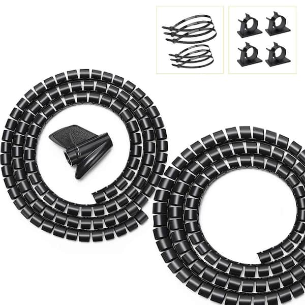 Black Expandable Cable Sleeve Cord Organizer 5 ft Flexible Wire Loom with Clip Tool for TV Computer Desk