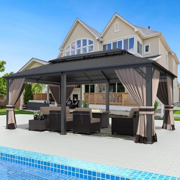 Halmuz 12 ft. x 20 ft. Gray Metal Hardtop Gazebo with Double Roof Pergola, Netting and Curtain Sand