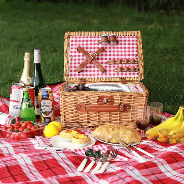 Red Wicker Picnic Basket, Handmade Willow Hamper Basket Sets 2-Person Picnic Basket with Utensils Cutlery Perfect