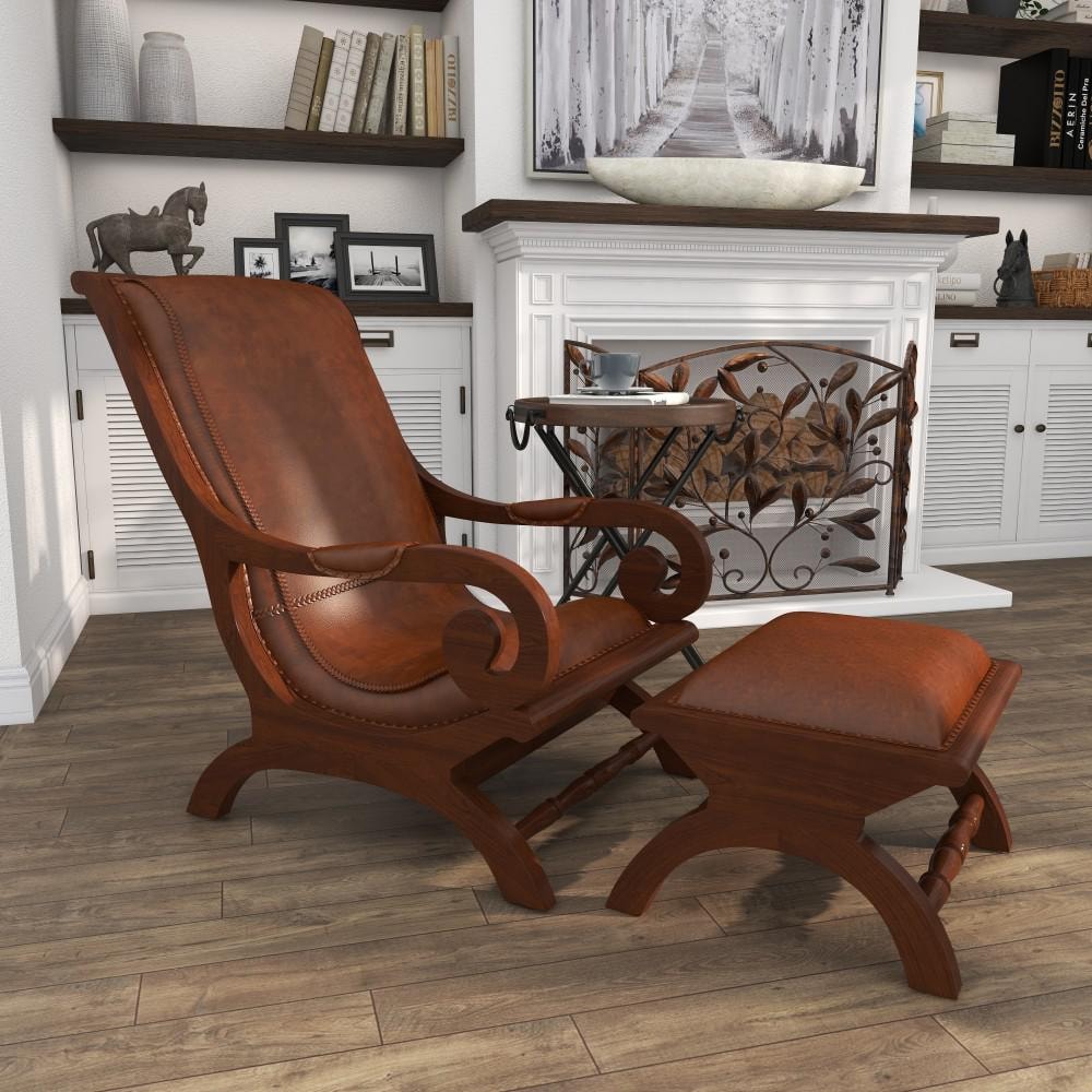 Handcrafted Brown Leather and Teak Wood Accent Chair with Ottoman