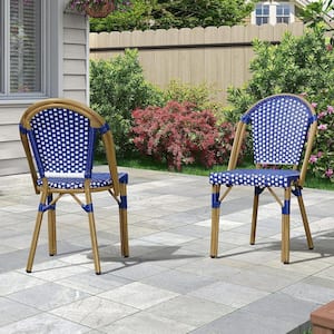 Wicker Bistro Chair French Hand Woven Armless Chairs for Outdoor Patio Indoor Dining Chairs in Dark Blue 2 Pack