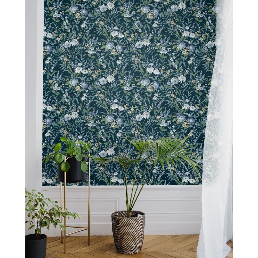 Teal and White Vinyl Floral Peel and Stick Wallpaper