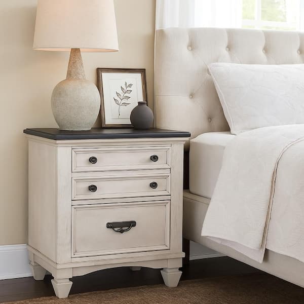 Benjara Sawz Light Gray and Nickel 3-Drawer 25 in. W Nightstand