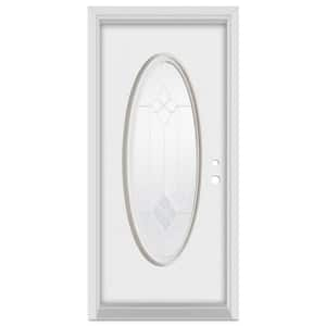 32 in. x 80 in. Geometric Left-Hand Zinc Finished Fiberglass Mahogany Woodgrain Prehung Front Door