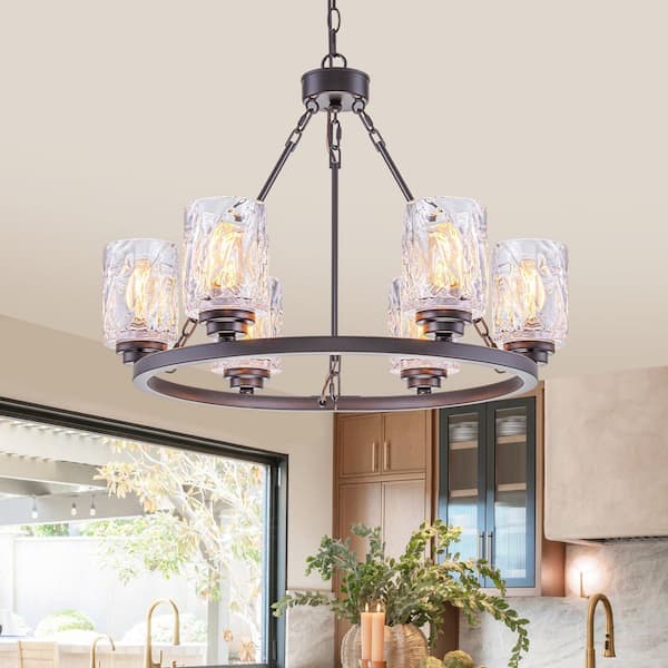 60-Watt 6-Light Modern Brown Ring Pendant Light Chandelier with Clear Glass Shades for Dining Room
