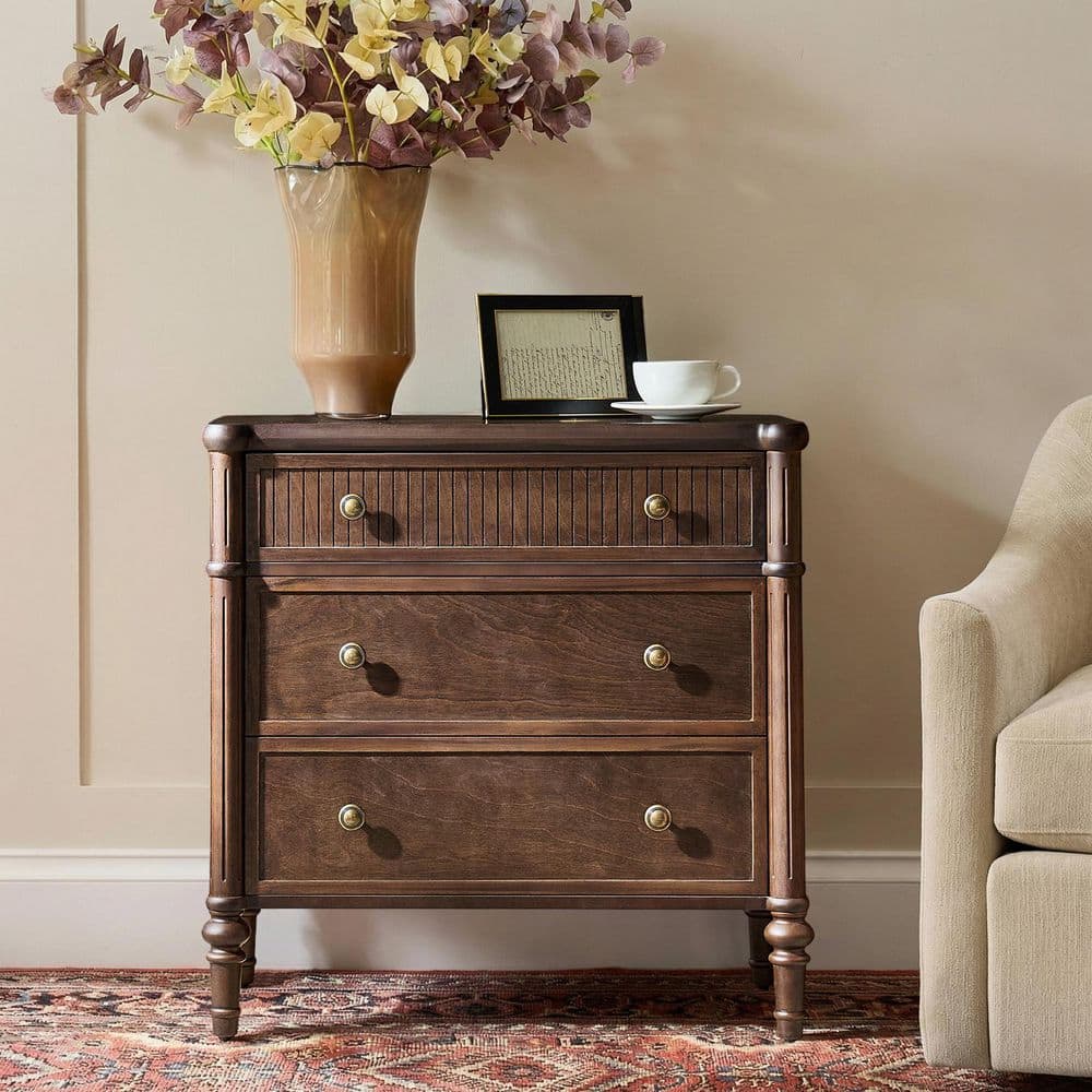 Roland Walnut Solid Wood 3-Drawer 28 in. W Nightstand with Built-In Charging Station