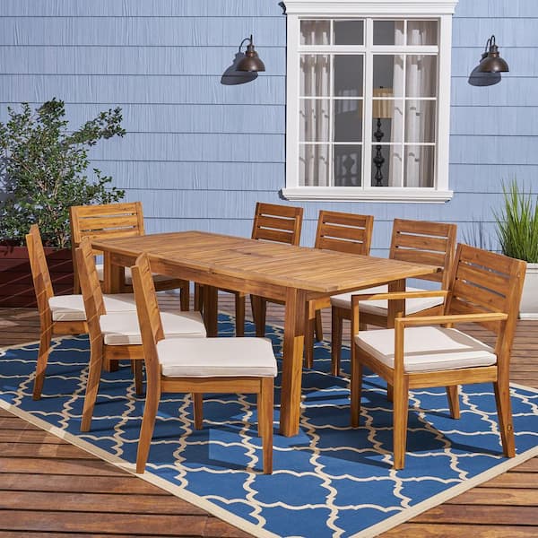 Noble House Nestor Sandblast Natural 9-Piece Wood Outdoor Dining Set with Beige Cushions