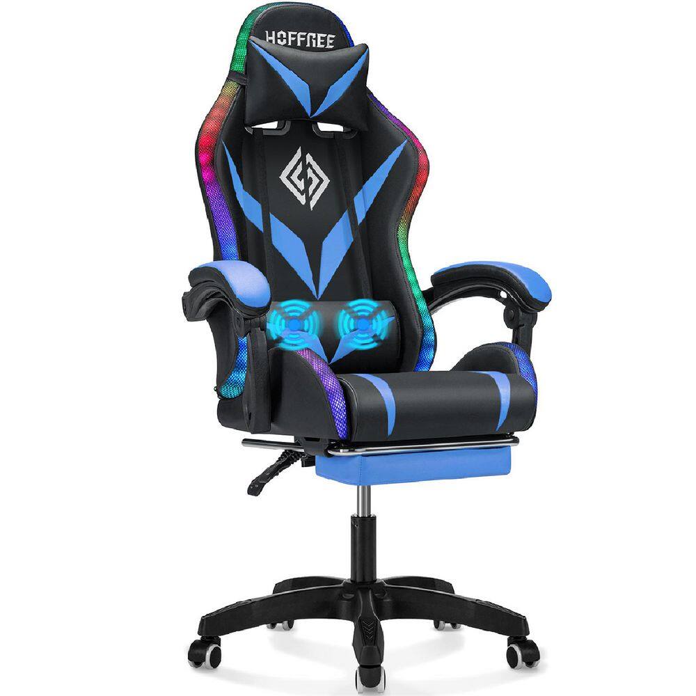 Faux Leather Massage Ergonomic Gaming Chair in Blue with LED Lights Footrest price history on PriceWatchPro