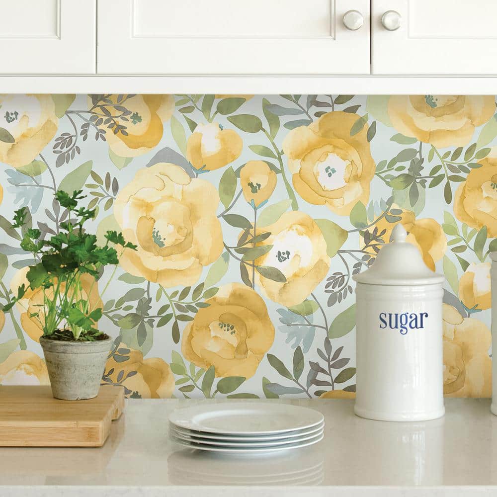 Peachy Keen Yellow Floral Vinyl Peel and Stick Wallpaper