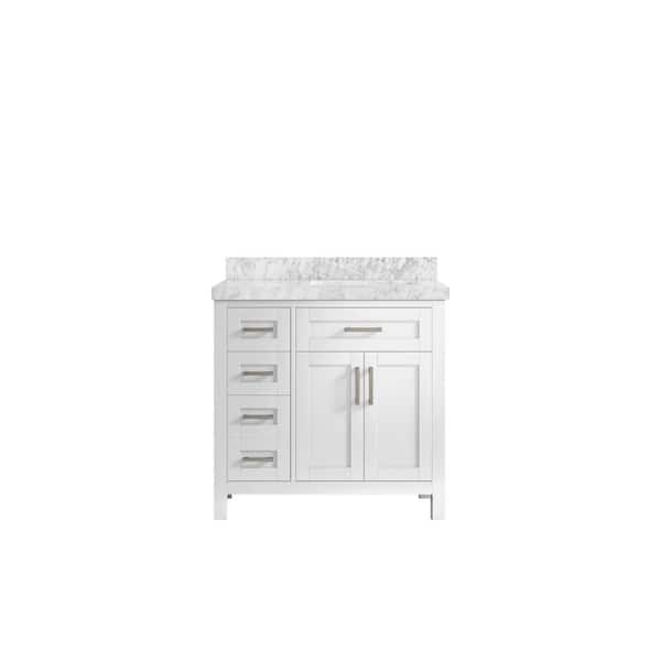 Willow Collections Cambridge 36 in. W x 22 in. D x 36 in. H Right Offset Sink Bath Vanity in White with 2 in. Carrara Marble Top