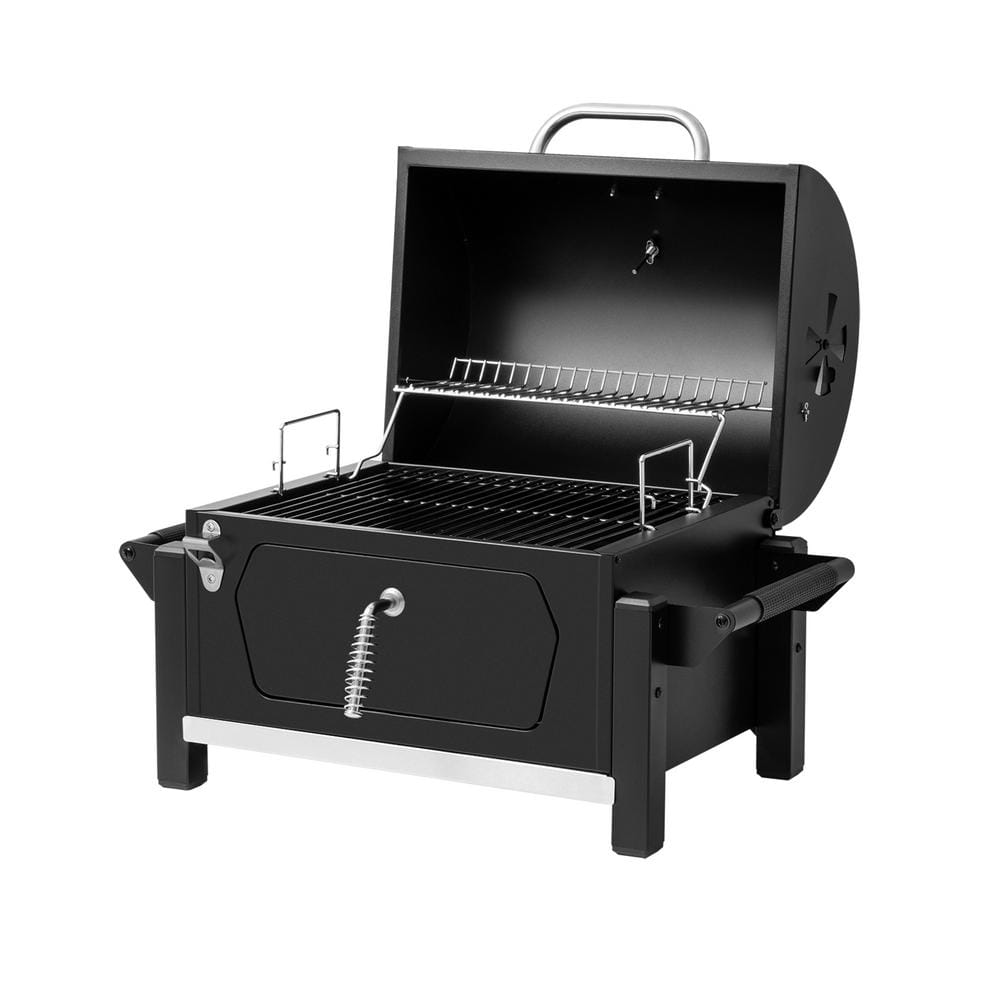 Compact Black Steel Portable Charcoal Grill with Warming Rack