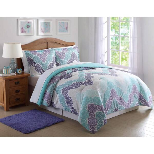 Unbranded Antique Lace Chevron Purple and Teal Twin XL Comforter Set