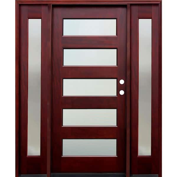 Pacific Entries 70 in. x 80 in. Contemporary 5 Lite Mistlite Stained Mahogany Wood Prehung Front Door with 14 in. Sidelites