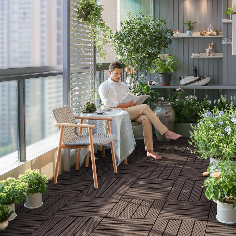 Dark Brown Composite Interlocking Waterproof Deck Tiles, 12" x 12"