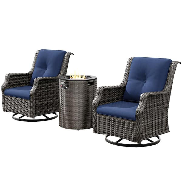 3-Piece Wicker Outdoor Patio Fire Pit Swivel Rocking Chair Set with Blue Cushions and Round Fire Pit Table