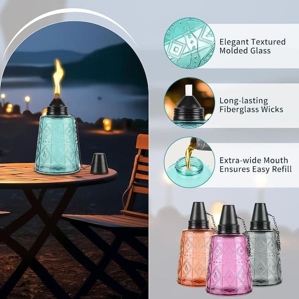 DIKAIDA 4 Pack Glass Table Torches, Citronella Table Top Torches With Wick And Cap For Outdoor, Refillable Landscape Lanterns For Yard, Patio