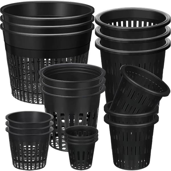 Variety Size of Black Plastic Slotted Mesh Net Pots with Holes for Indoor Growing and Repotting (18-Pack)