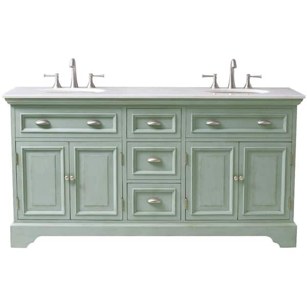 Home Decorators Collection Sadie 67 in. Double Vanity in Antique Blue with Natural Marble Vanity Top in White with White Basin
