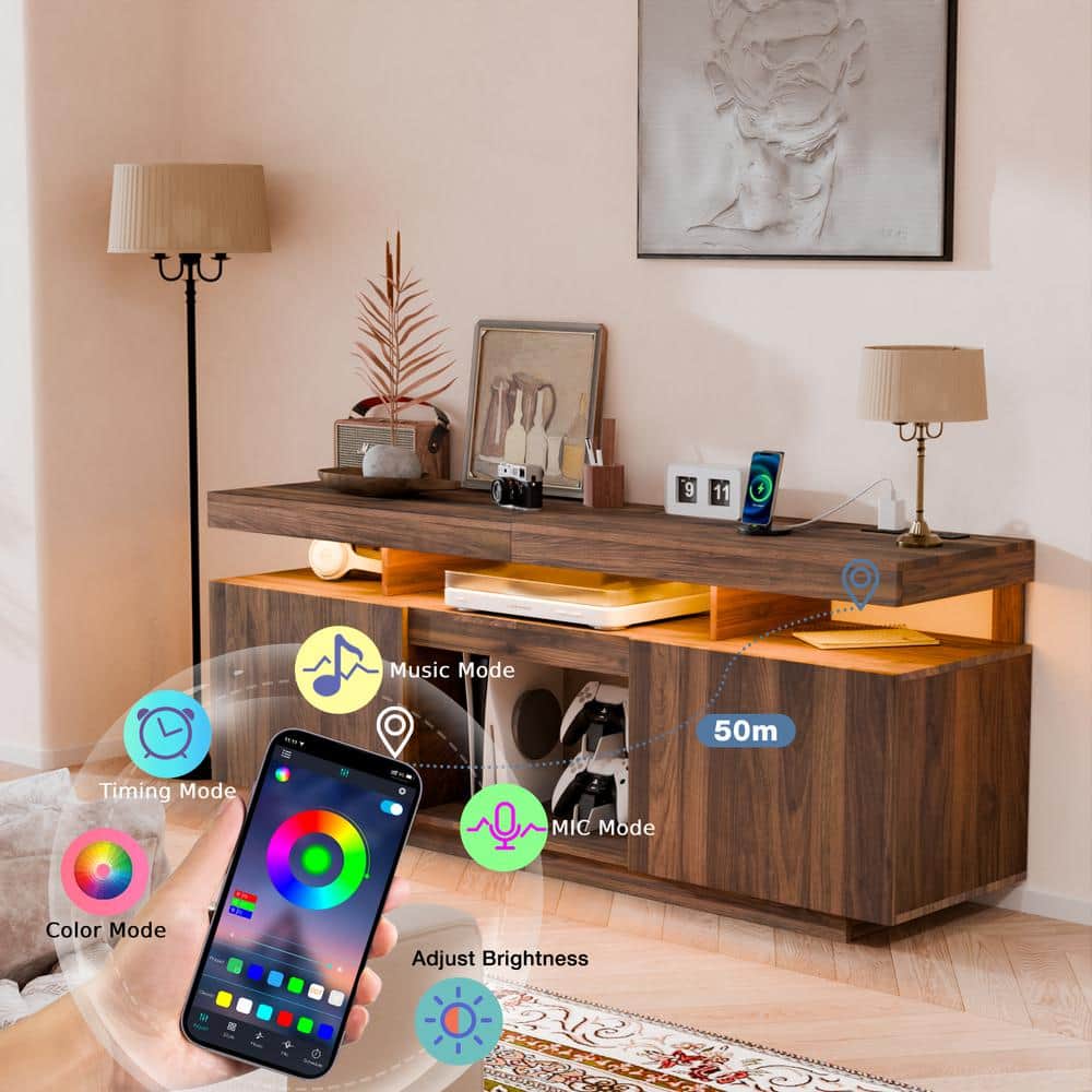 Walnut 64" Modern TV Stand with LED Lighting and Cabinets