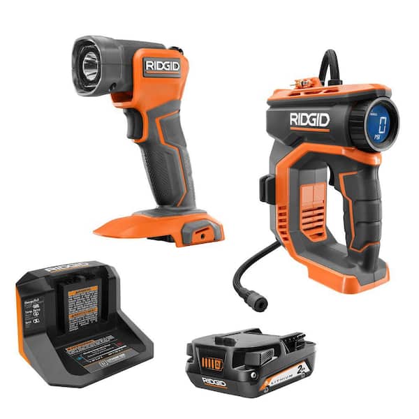 18V Cordless Digital Inflator Kit with 2.0 Ah Battery and Charger with 18V Cordless LED Work Light