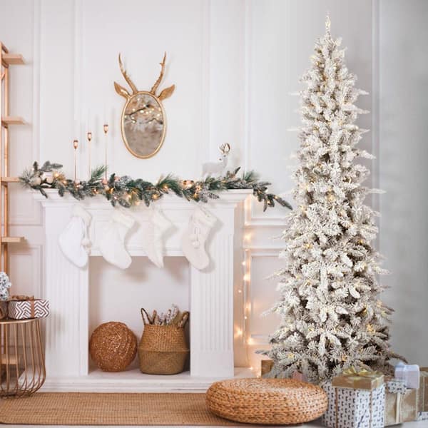 9 ft. Pre-Lit Flocked Slim Mountain Pine Artificial Christmas Tree with Warm White LED Lights