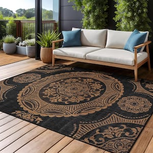 Waikiki Gold/Black 8 ft. x 10 ft. Medallion Indoor Outdoor Area Rug