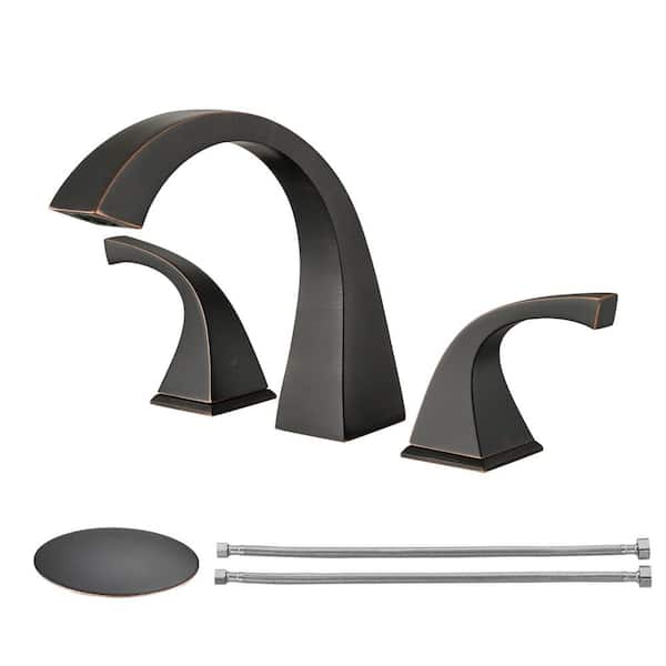 Pdpbath 8 in. Widespread Double Handle Bathroom Faucet with Metal Pop-Up Drain Assembly in Oil Rubber Bronze