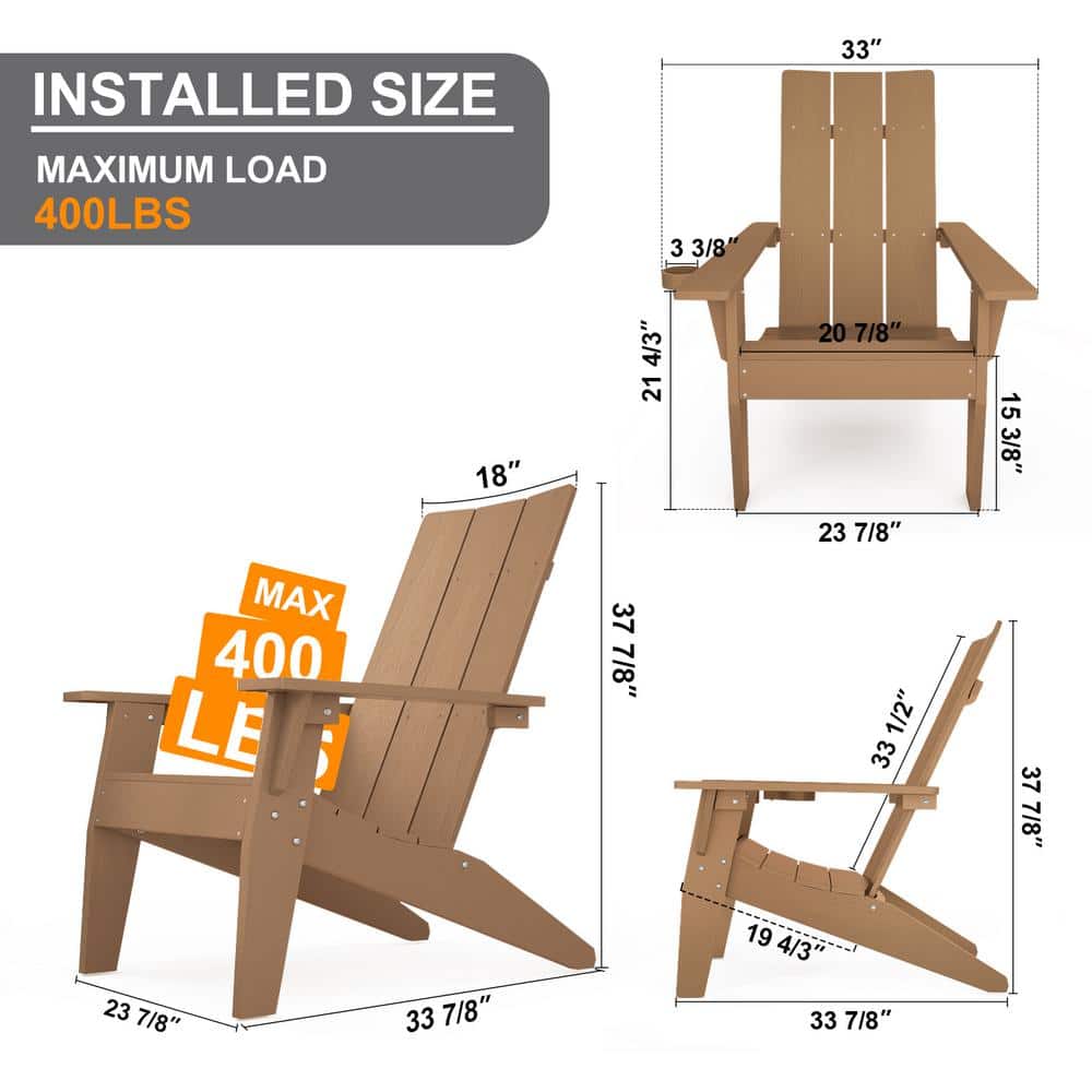 Teak Brown Plastic Adirondack Chairs with Cup Holder, Set of 4