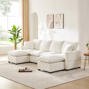 110 in. Modern U Shape Freely Combinable Indoor Funiture 6 Seat Chenille Sectional Sofa Couch with 2 Pillows, White