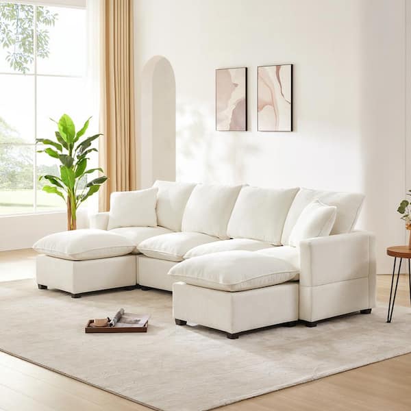 Magic Home 110 in. Modern U Shape Freely Combinable Indoor Funiture 6 Seat Chenille Sectional Sofa Couch with 2 Pillows, White