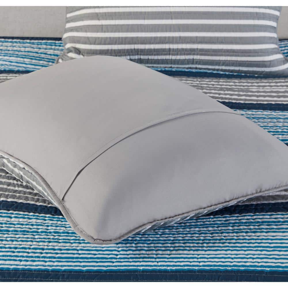 Gray and Blue Striped Reversible Microfiber Quilt Set
