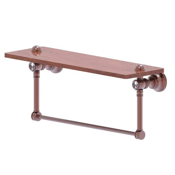 Allied Brass Carolina Crystal 16 in. W 7 in. H x 5.54 in. D Brass Rectangular Wood Shelf with Integrated Towel Bar in Antique Copper