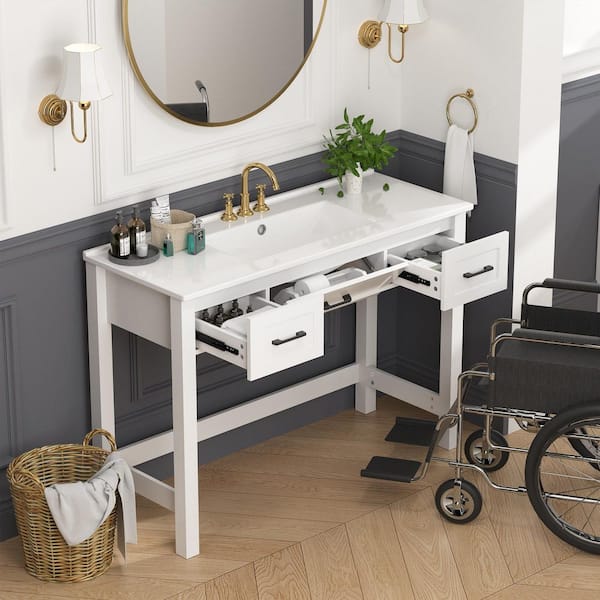 48 in. W Single Sink ADA Freestanding White Bath Vanity with Ceramic Top Unassembled, Wheelchair Accessible