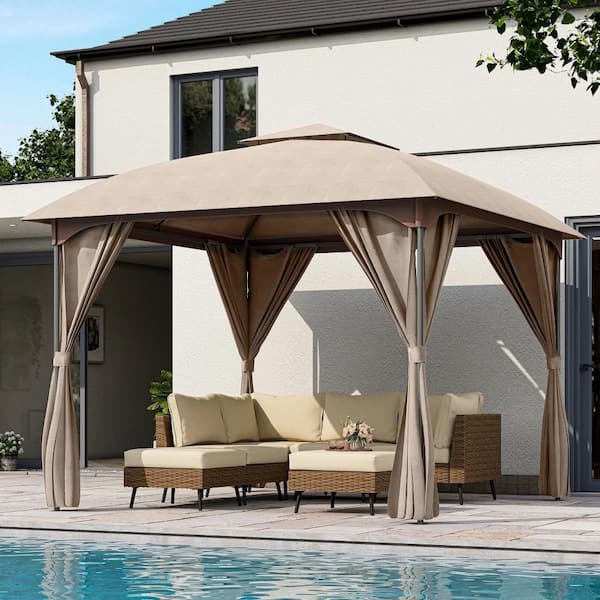 10 ft. x 10 ft. Khaki Outdoor Patio Gazebo with Unique Arc Roof and Privacy Curtains