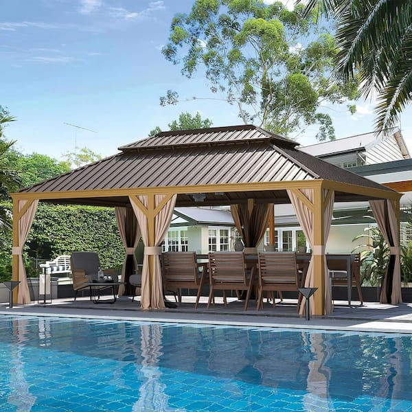12 ft. x 22 ft. Hardtop Gazebo, Wooden Finish Coated Aluminum Frame Gazebo with Galvanized Steel Double Roof