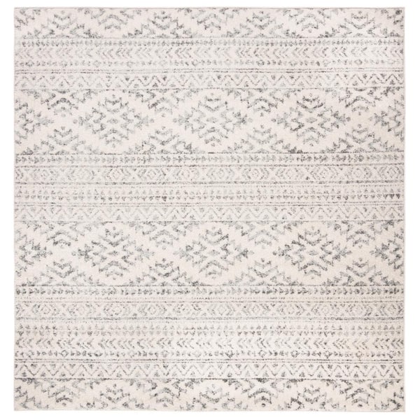 Tulum Ivory/Gray 5 ft. x 5 ft. Square Tribal Geometric Striped Area Rug
